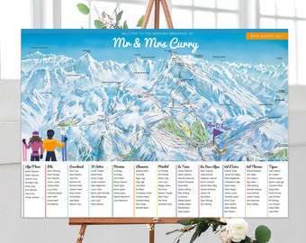 Ski Table Plan | Ski Themed Wedding, Couples Who Love Skiing, Illustrated Couple, Ski Wedding, Table Plan, Seating Chart, Seating Plan