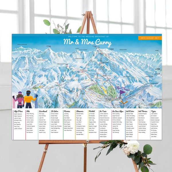 Plan de Table Ski | Mariage Sur Le Thème Du Ski, Couples Amoureux Du Ski, Couple Illustré, Mariage De Ski, Plan De Table, Plan De Table, Plan De Table