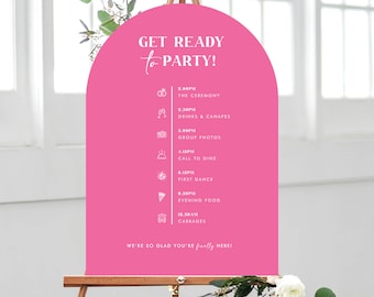 Pink Curved Wedding Timeline Sign | Modern Bright Bold Wedding, Minimal Arched Timeline Board, Signage for events, Editable Colours.