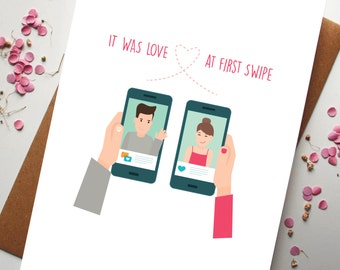 Love At First Swipe Card With Illustrated Couple | Valentine's Day Card, Dating App Card, Swipe Right Card, It's a Match Card, Online Dating