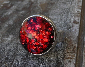 Red black ring, gothic jewelry, glass cabochon hand painted on water, adjustable open ring