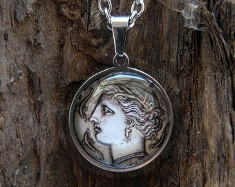 Greek coin's image necklace, stainless steel jewelry, mythology nymph of Syracuse, dolphin lovers, glass cabochon, 30% off shipping