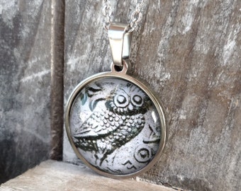 Owl pendant, ancient coin's image jewelry, greek goddess, art student gift, stainless steel bird necklace, glass cabochon, 50% off shipping