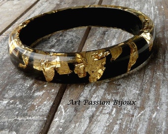 Resin Bangle With Golden Flakes Black and Gold Bangle Metal 