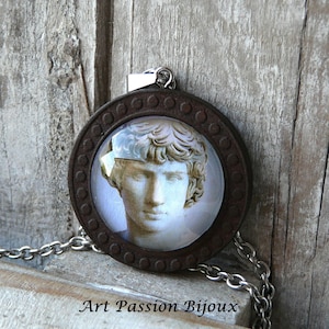 Antinous necklace, roman statue glass cabochon, archaeology jewelry, historical jewelry, stainless steel and wood 50% off shipping image 1