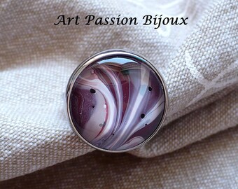 Mauve jewelry, adjustable open ring with glass cabochon painted on water, burgundy, lilac, rose, purple