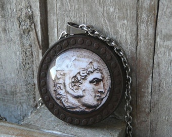 Alexander The Great necklace, ancient coin image jewelry, greek sculpture, stainless steel and glass, archaeology gift, 30% off shipping