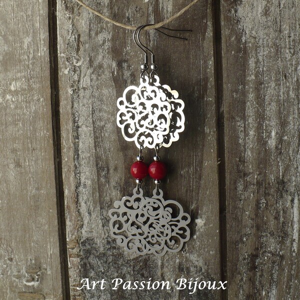 Red beads and stainless steel earrings, long chandelier earrings, gypsy boho style, very light