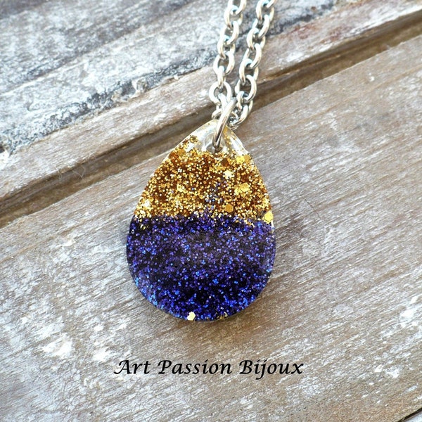 Collier en resine avec glitter oro et bleu, bijou en acier inoxydable, pendentif brillant, -30% sur les frais de port