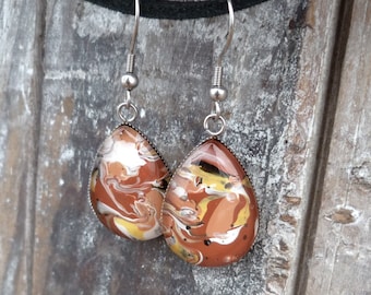 Yellow, orange drop earrings, stainless steel jewelry, marbled glass cabochon painted on water, abstract style, made in Italy, -50% shipping