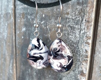 Teardrop dangle earrings, marbled jewelry, dusty rose, glitter, black and white, glass cabochon hand painted on water, 50% off shipping