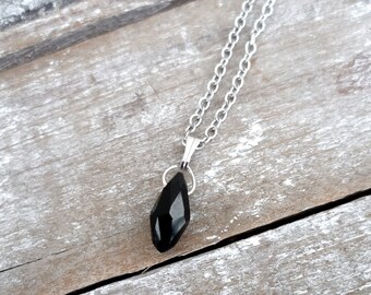 Black crystal drop pendant, minimalist jewelry, stainless steel necklace, made in Italy, 50% off shipping