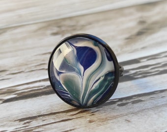 Blue green adjustable ring, glass cabochon hand painted on water with fluid art, teal green marbled jewelry, 50% off shipping