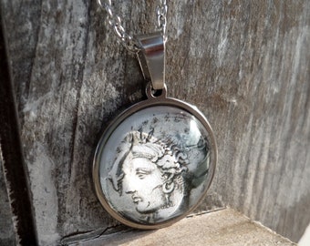 Greek coin's image necklace, dolphin lovers, stainless steel jewelry, mythology nymph Syracuse, ancient Greece cabochon, 50% off shipping