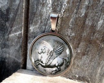 Horse necklace, greek coin's image jewelry, Pegasus mythology, horse lover gift, winged horse pendant, glass cabochon, 50% off shipping