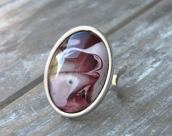 Marbled jewelry, oval adjustable ring, burgundy rose white big stainless steel ring, fluid art painted on water