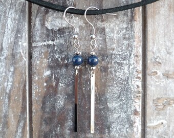Lapis lazuli long bar earrings, stainless steel jewelry, blue gemstone, very light, geometric  style, made in Italy, 50% off shipping