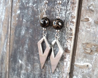 Black gold gemstone jewelry, stainless steel dangle earrings, geometric style, very light, made in Italy, 50% off shipping