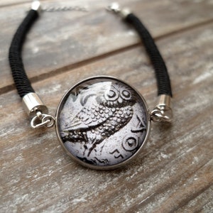 Bracciale in acciaio gufo, immagine di moneta antica greca con civetta, gioiello in acciaio inossidabile e corda
