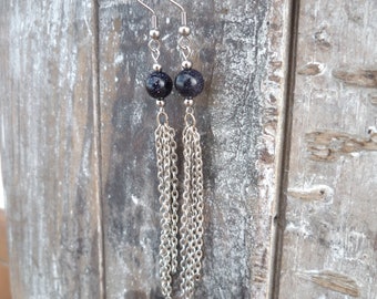 Long chain fringe earrings, steel jewelry, ldangle cascade earrings, blue goldstone gemstone, elegant boho, made in Italy, -50% shipping