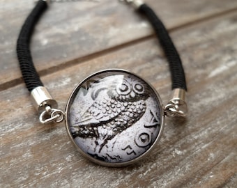 Pulseira de coruja, joia com imagem de moeda antiga, deusa grega, presente para estudante de arte, aço inoxidável e cordão, cabochão de vidro.