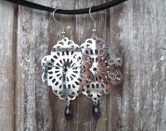 Pendientes largos de cristal morado, joyería de acero inoxidable, lámpara de araña muy luminosa, estilo boho étnico, made in Italy