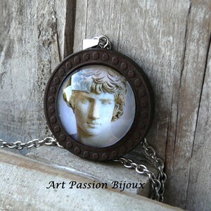 Antinous necklace, roman statue glass cabochon, archaeology jewelry, historical jewelry, stainless steel and wood 50% off shipping image 2