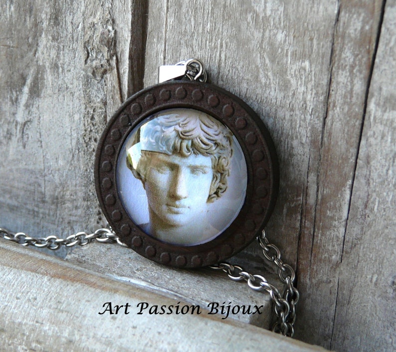 Antinous necklace, roman statue glass cabochon, archaeology jewelry, historical jewelry, stainless steel and wood 50% off shipping image 2