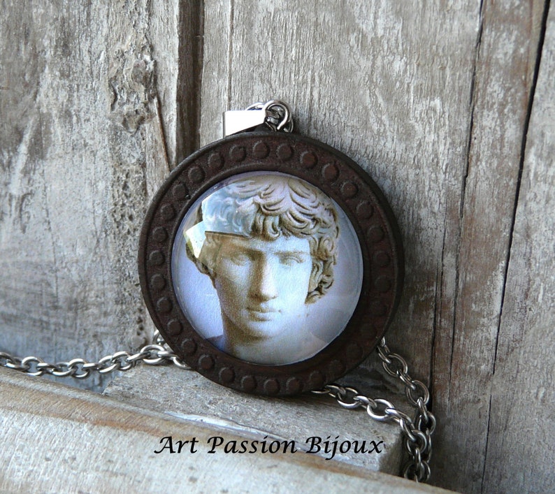 Antinous necklace, roman statue glass cabochon, archaeology jewelry, historical jewelry, stainless steel and wood 50% off shipping image 1