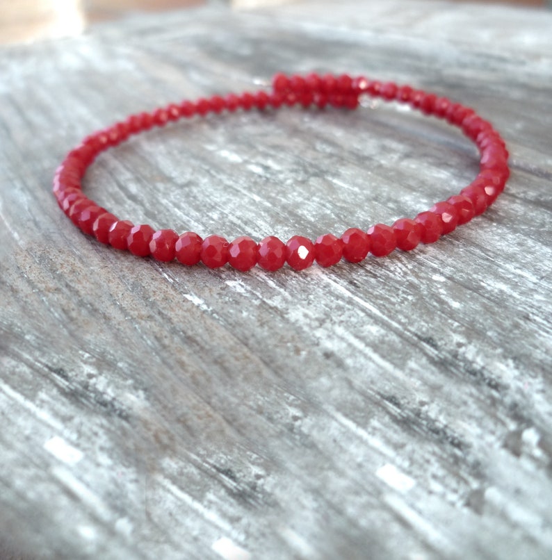 Red crystal minimalist bracelet, dainty jewelry, adjustable thin open bangle, steel, made in Italy, 50% shipping cost image 2