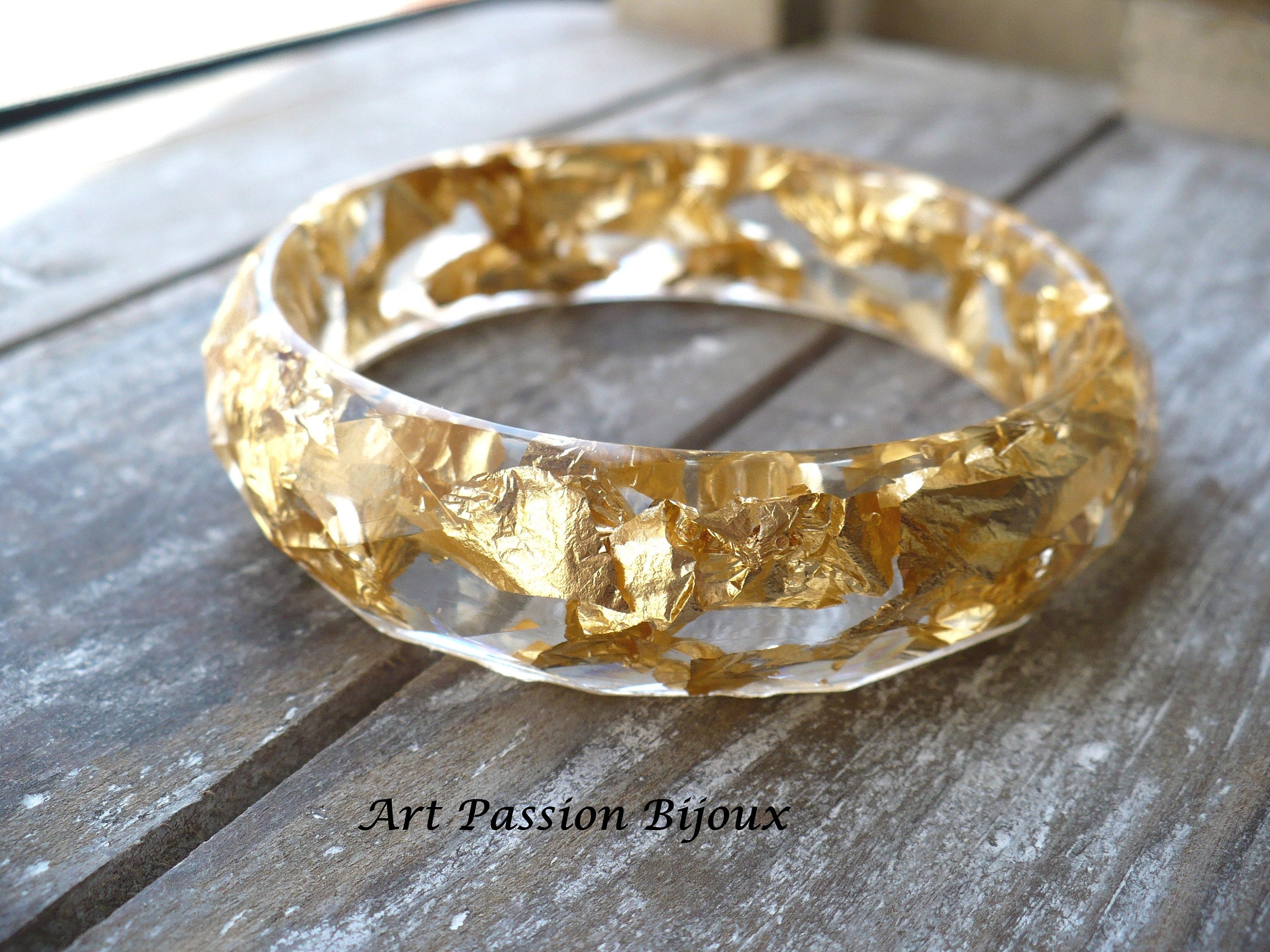 Resin Bangle With Golden Flakes Black and Gold Bangle Metal 