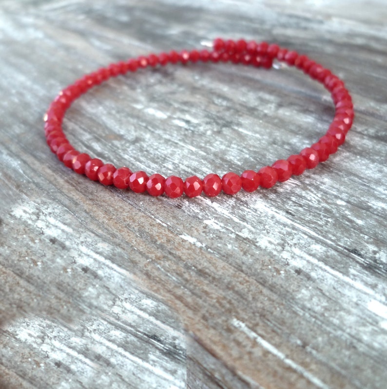 Red crystal minimalist bracelet, dainty jewelry, adjustable thin open bangle, steel, made in Italy, 50% shipping cost image 3