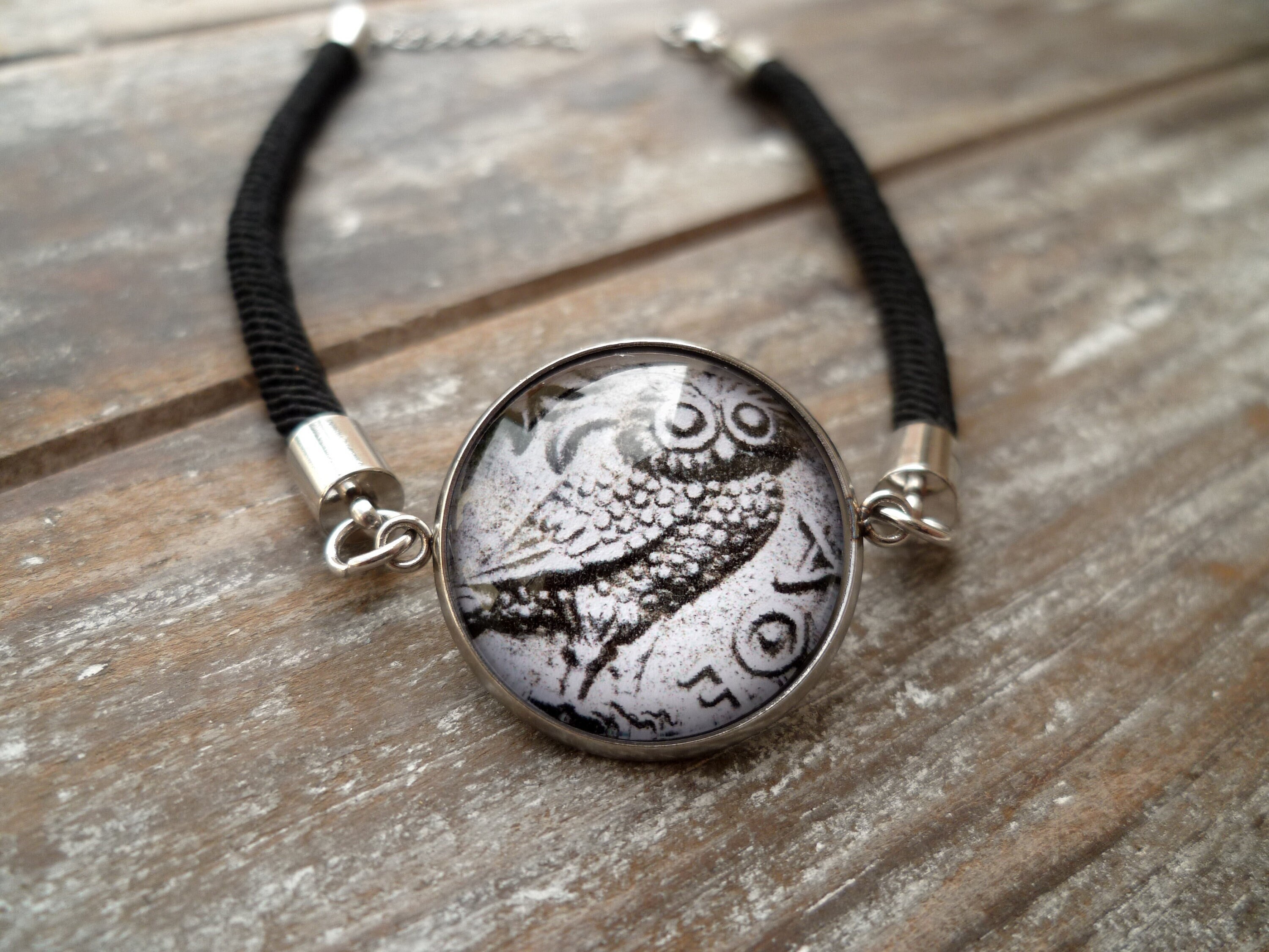 Owl bracelet, ancient coin's image jewelry, greek goddess, art student gift, stainless steel and
