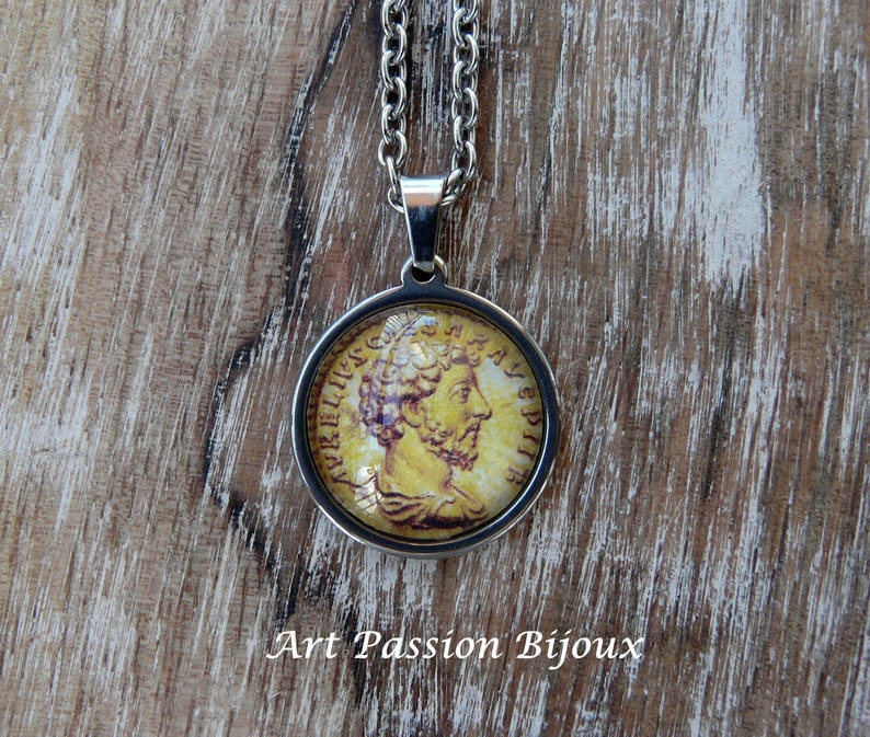 Roman coin image necklace, Marcus Aurelius Rome Empire, history teacher gift, philosophy graduate pendant, glass cabochon, 30% off shipping image 2