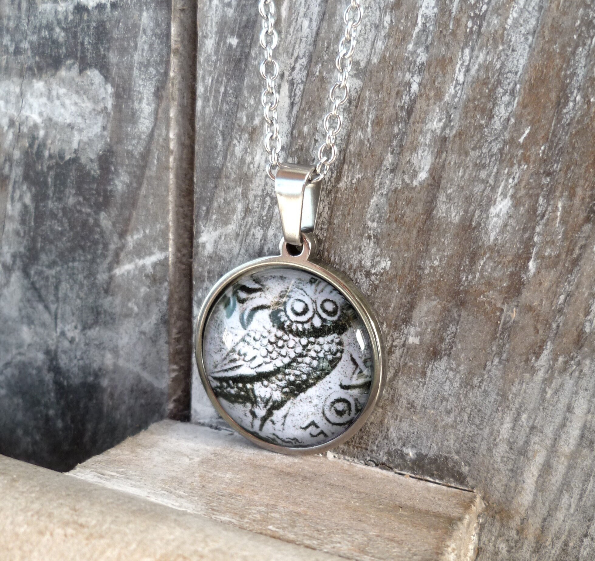 Owl pendant, ancient coin's image jewelry, greek goddess, art student gift, stainless steel bird