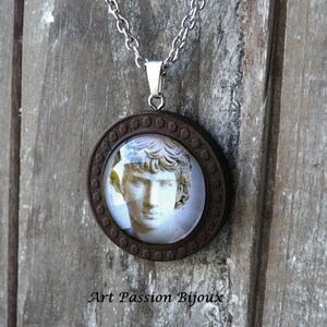 Antinous necklace, roman statue glass cabochon, archaeology jewelry, historical jewelry, stainless steel and wood 50% off shipping image 3