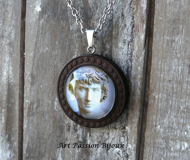 Antinous necklace, roman statue glass cabochon, archaeology jewelry, historical jewelry, stainless steel and wood 50% off shipping image 3