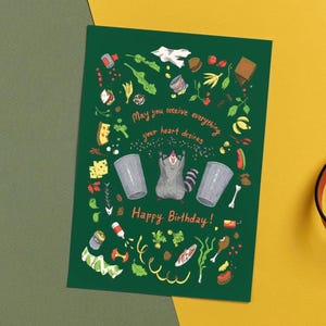 Tarjeta de cumpleaños A6 con un lindo mapache/Feliz cumpleaños de un panda basura/Regalo divertido para amantes de los animales
