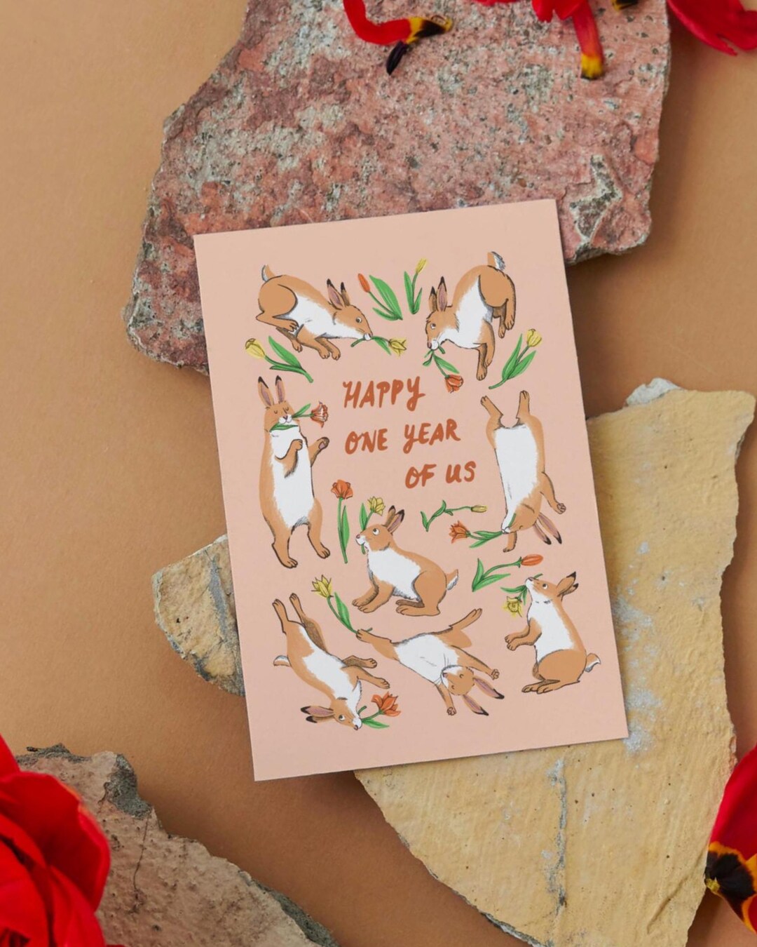 First Anniversary Dancing Bunny Rabbits A6 Greeting Card| Handmade Hare ...