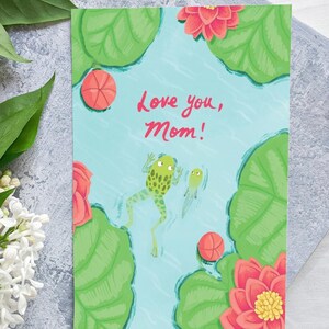 Biglietto d'auguri per la mamma con rana e girino con ninfee, formato A6/Biglietto d'auguri di compleanno per la mamma, formato 4x6/Commovente biglietto vuoto per la festa della mamma