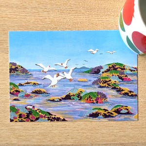 Funny Seagulls A6 Hand Drawn Postcard| Whimsical Coastal Tide Pools Mini Art Print| Sassy Sea Birds Snail Mail Gift for Stationery Lovers