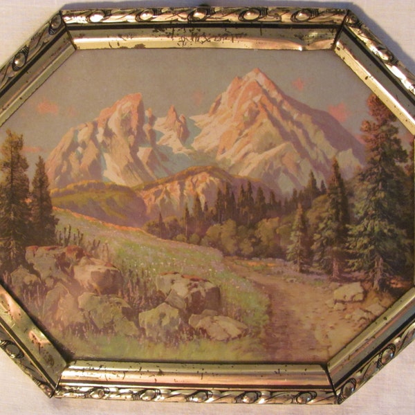 1940s 1950s Printed Mountain Landscape with Brass Colored Metal Frame - Romantic - Alpes - Bavaria