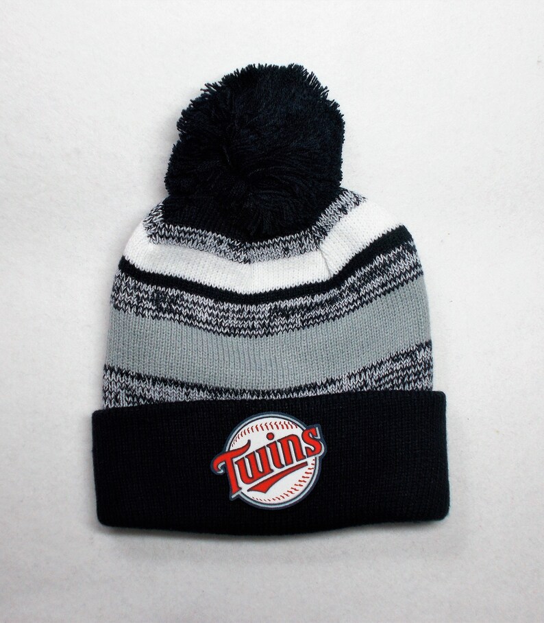 Minnesota Twins Heat Applied Logo Great quality Beanie Navy BlueGreyWhite Unisex on a Knit Cuffed Beanie POM hat cap PlushUltra warm