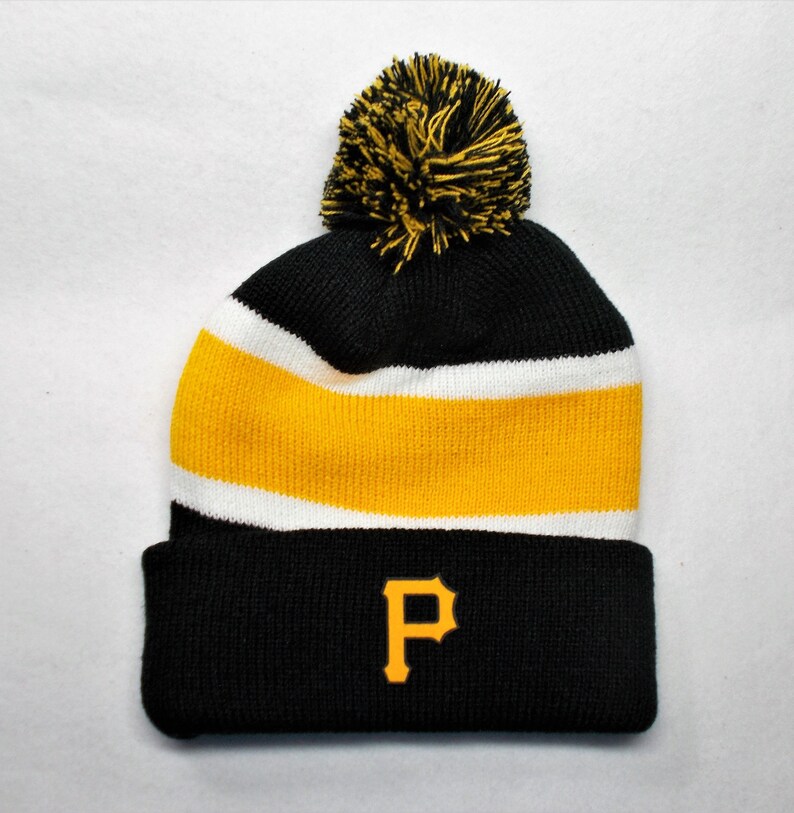 Pittsburgh Pirates Heat Applied Logo BlackGoldWhite on a Knit Cuffed Beanie POM hat cap Good quality! Unisex