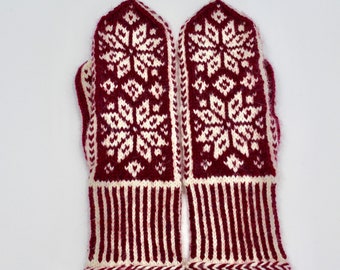 Woman's Cranberry and Cream Scandinavian Snowflake mittens