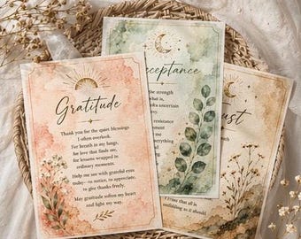 Tarjetas de oración imprimibles de gratitud, aceptación y confianza / Oraciones diarias espirituales estilo boho / Afirmaciones celestiales en acuarela / Descarga digital