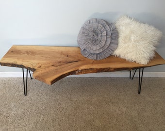 Tree slab wood coffee table/bench with hairpin legs