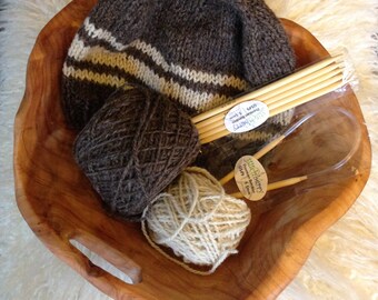 Wool knit hat kit: Organic natural undyed brown and ecru yarn from Shetland sheep