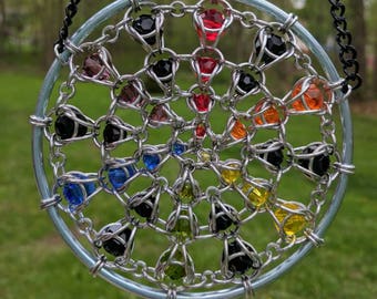 Chainmaille Suncatcher - Silver Maille, Rainbow and Black Crystal