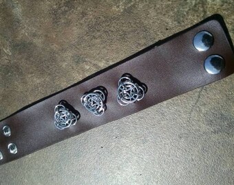 Brown Leather and Silver Aluminum Steampunk-Inspired Chainmail Cuff Bracelet